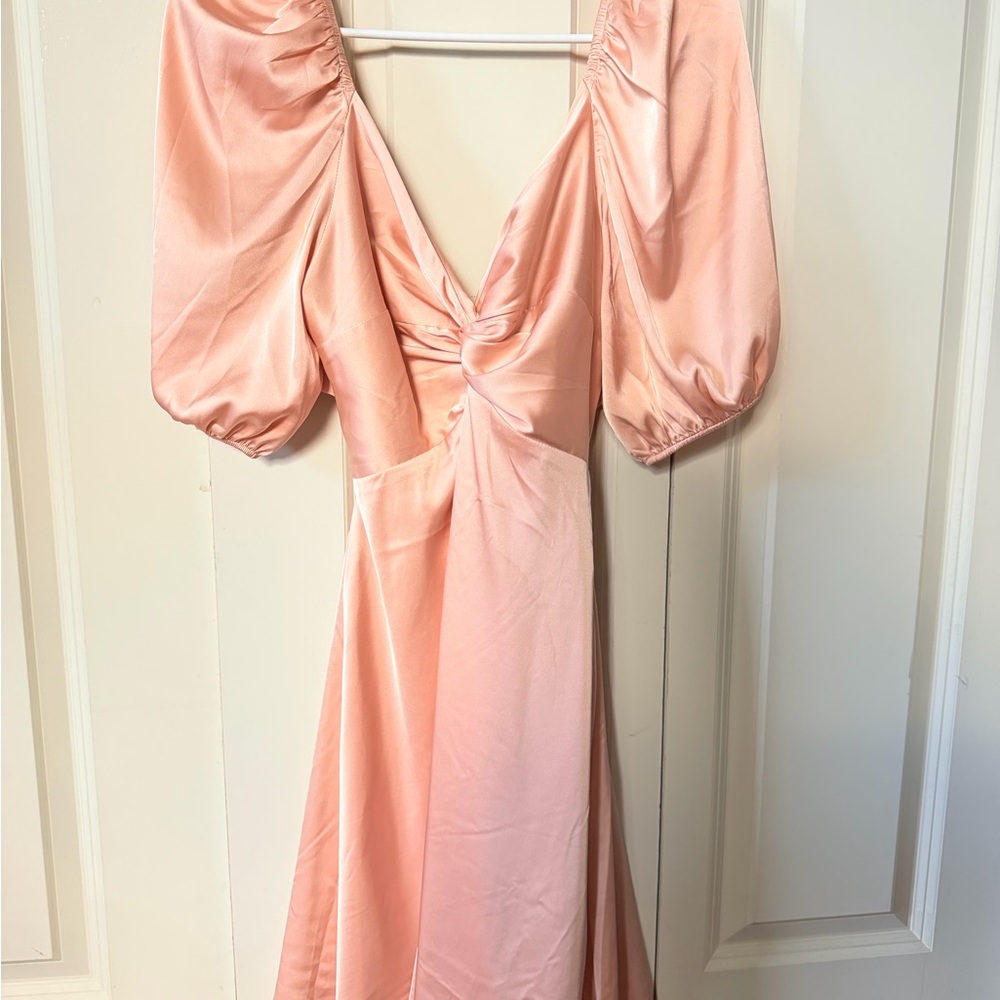 Express Blush Pink Satin Midi Dress with Puff Sleeves